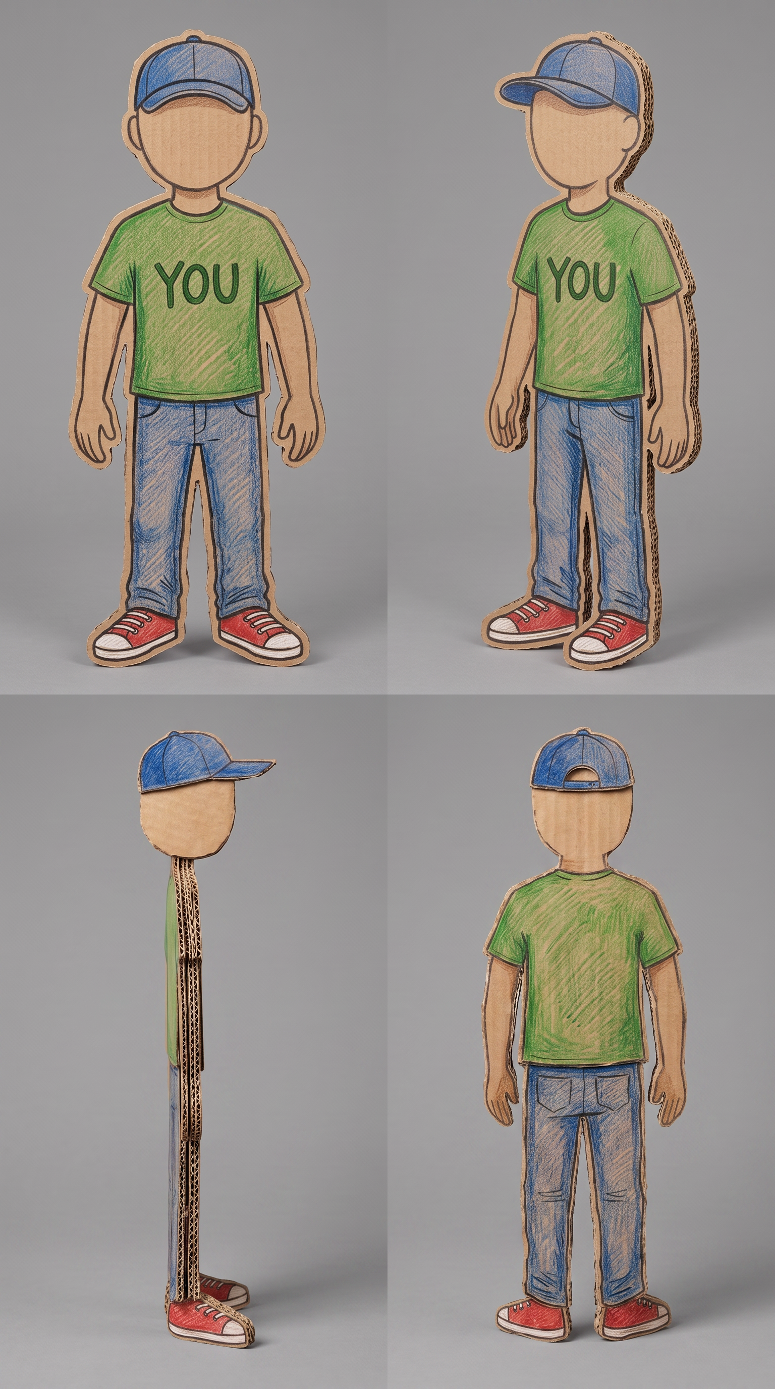 YOU character reference sheet from the Cardboard Explainer template — front, side, and back views